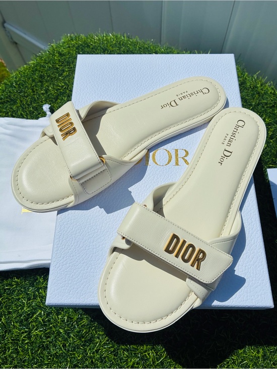 Dior Shoes - DIOR DIORACT OFF-WHITE LAMB LEATHER SLIDE FLAT SANDALS GOLD LOGO SZ 40 NEW